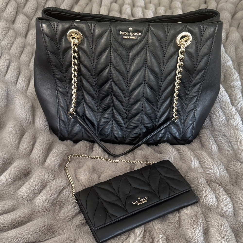 Kate Spade Black Quilted Shoulder Bag with Gold Chain and matching wallet